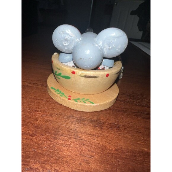 Sleeping Mouse Tea Cup Ornament Grey Wooden Christmas Hat Big Ears Vintage *flaw - Picture 4 of 7